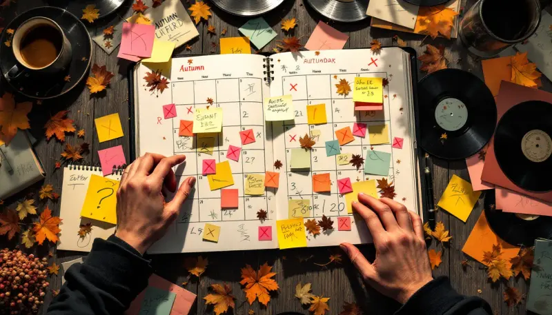 Autumn calendar buried under overlapping sticky notes and scattered vinyl record sleeves.