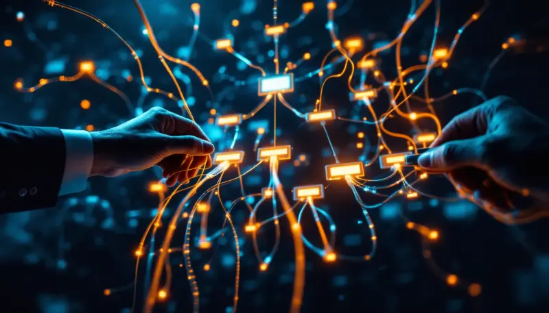 Hands rerouting glowing corporate wires across a complex organizational network diagram