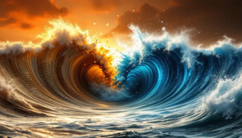 Two waves, one of sheet music and one of digital data, clash violently at sea