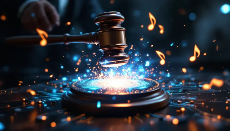 A court gavel strikes a glowing AI neural network shaped like a musical staff