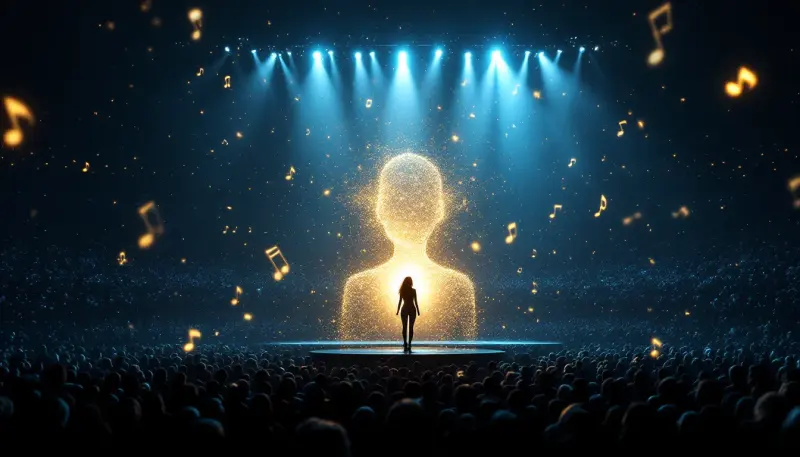 A glowing digital holographic country artist performs before a massive arena crowd at night