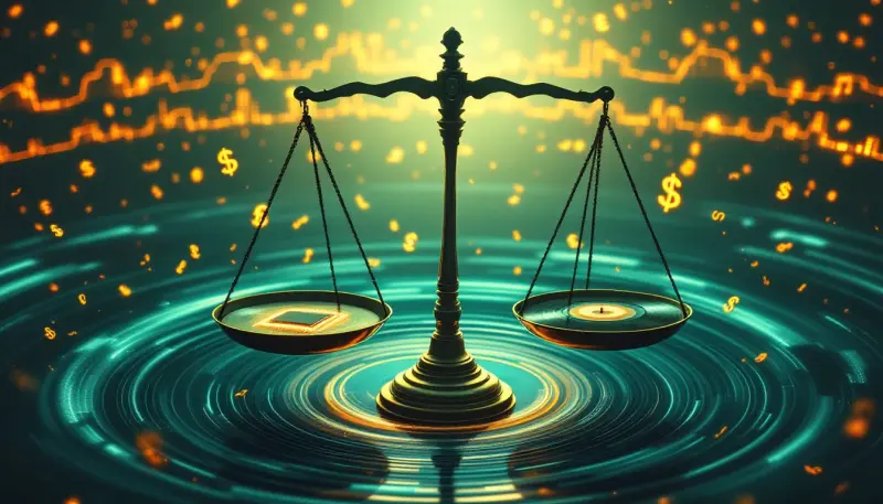 A balanced scale weighs an AI microchip against a vinyl record above musical waveforms
