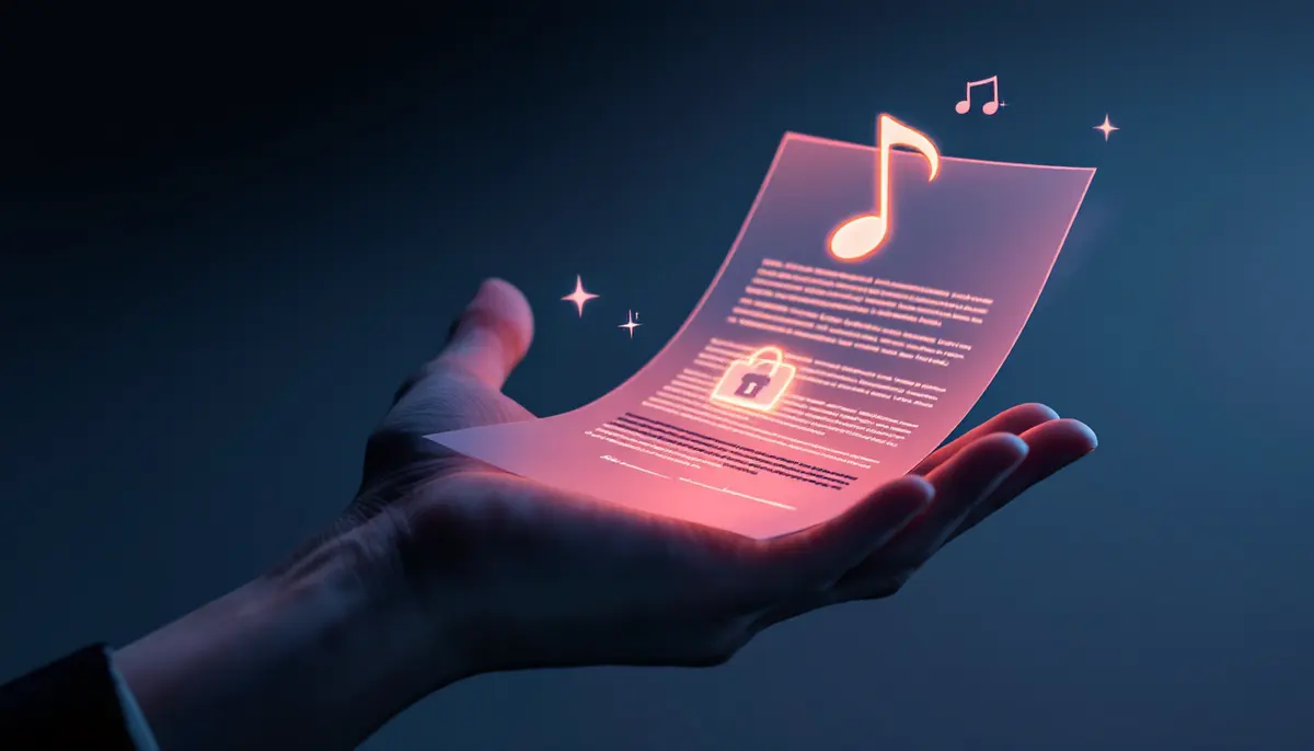 Musicians reviewing a contract document with caution, spotting hidden legal fine print clauses.