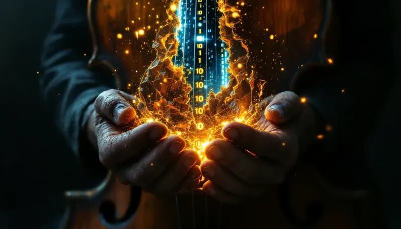 Musician's hands clutch a bass guitar dissolving into streams of digital code