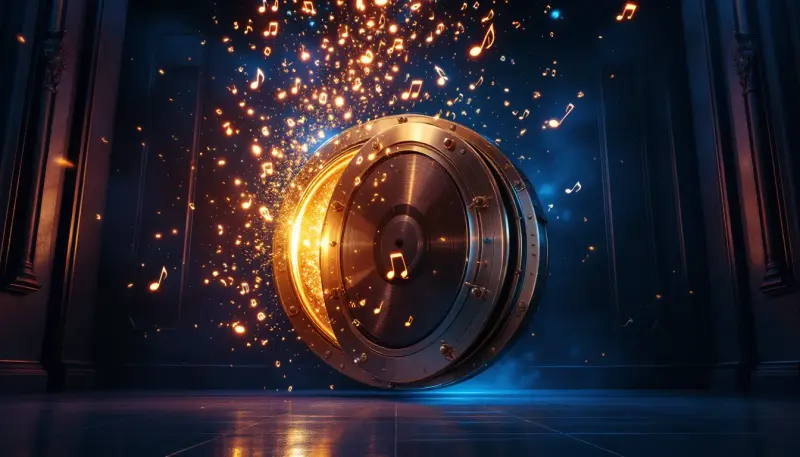 A golden vault door releasing glowing vinyl records and musical notes into a midnight sky