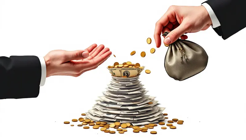 Two hands of one person simultaneously selling and profiting from the same circular marketplace