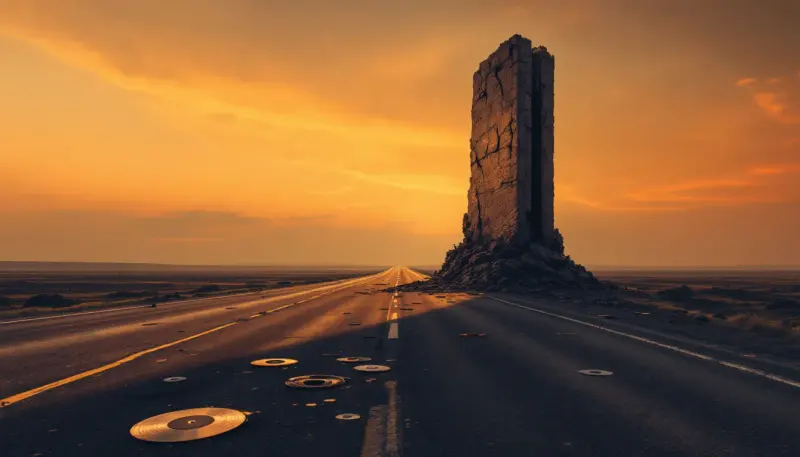 A crumbling stone book monument on an empty American highway at twilight with scattered vinyl records