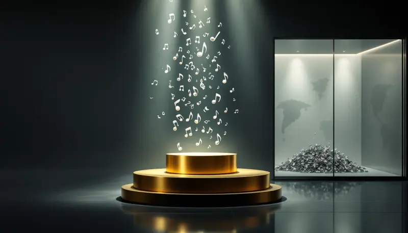 A split trophy pedestal separates music notes into a bright stage and a dim partitioned alcove.