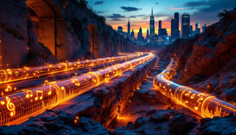 Glowing musical data flowing through underground city infrastructure pipelines at dusk