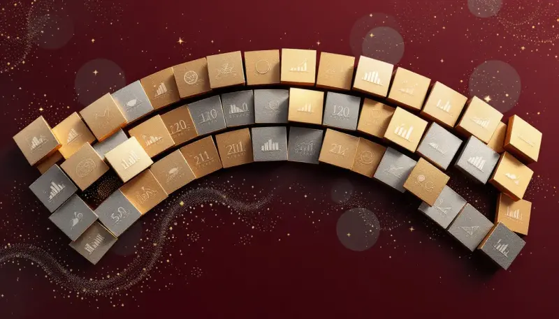 A sixty-square golden calendar with streaming graphs and vinyl disc icons arranged dramatically
