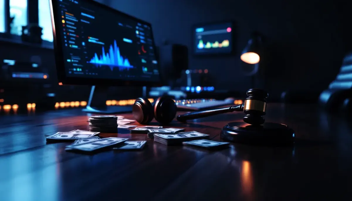 Handcuffed hands beside a laptop displaying music streaming platform charts and play counts.