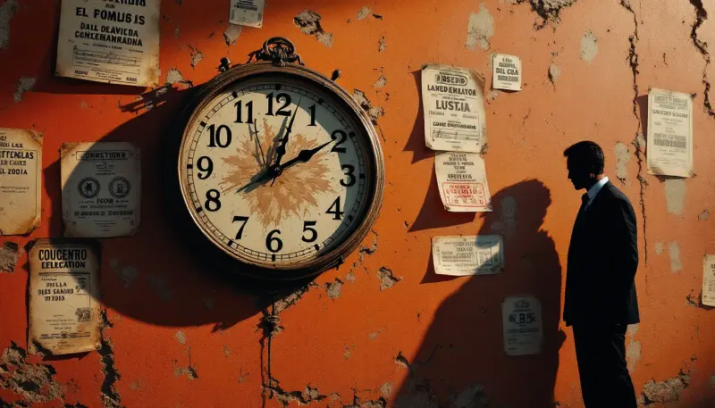 Melting clock and suited shadow loom over vintage Latin concert posters on crumbling wall