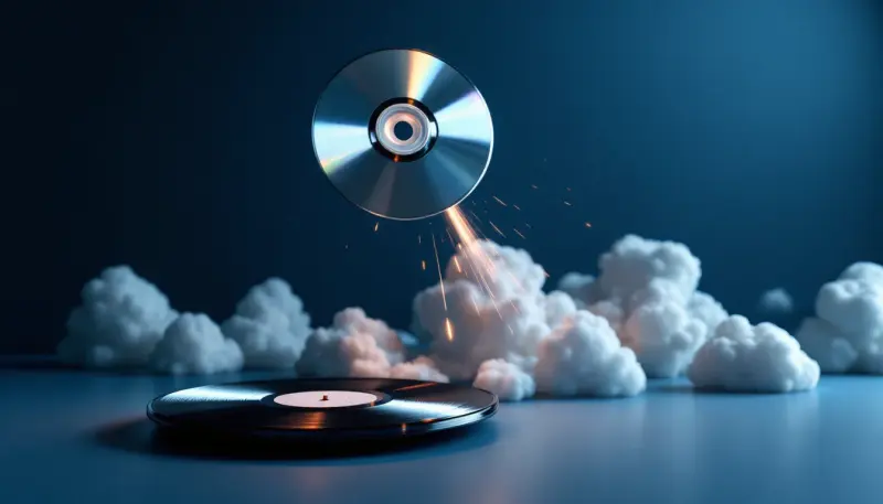 A silver CD rockets upward in bright light above a grounded vinyl record on dark background