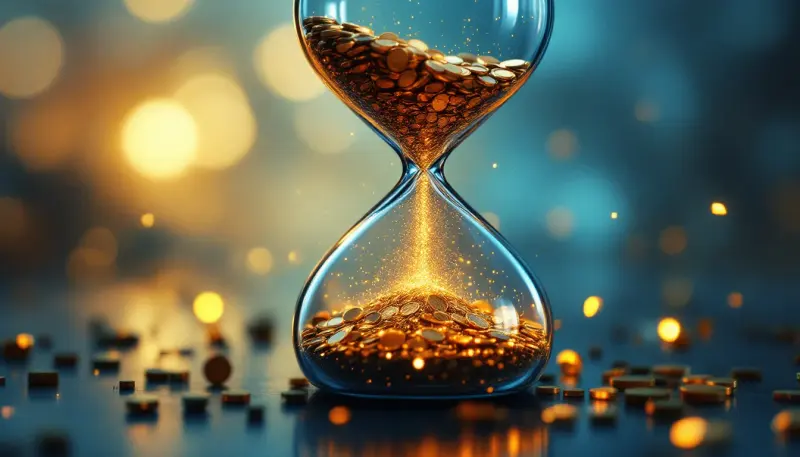 A sound wave splits inside an hourglass into gold coins and dissolving static below