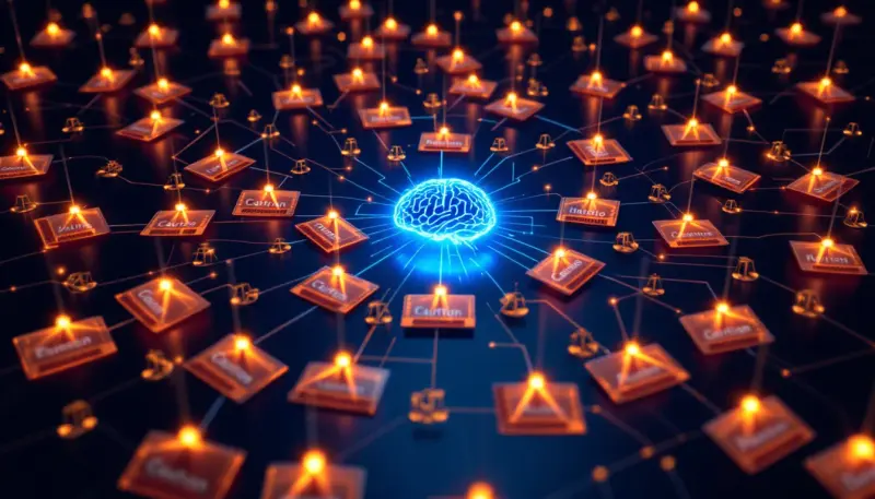 Glowing name tags connected by luminous threads to a central circuit brain symbol
