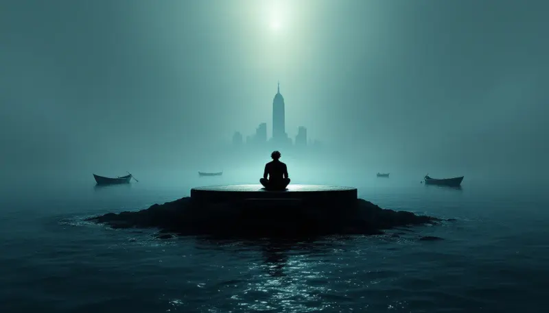 Lone musician on shrinking lit stage as rowboats drift toward a distant corporate structure