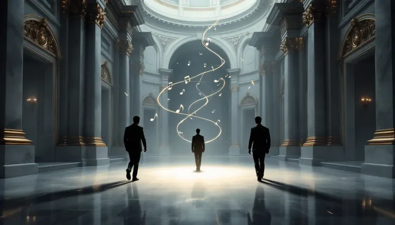 Three silhouetted figures converging in a grand hall with intertwining ribbons of musical notes