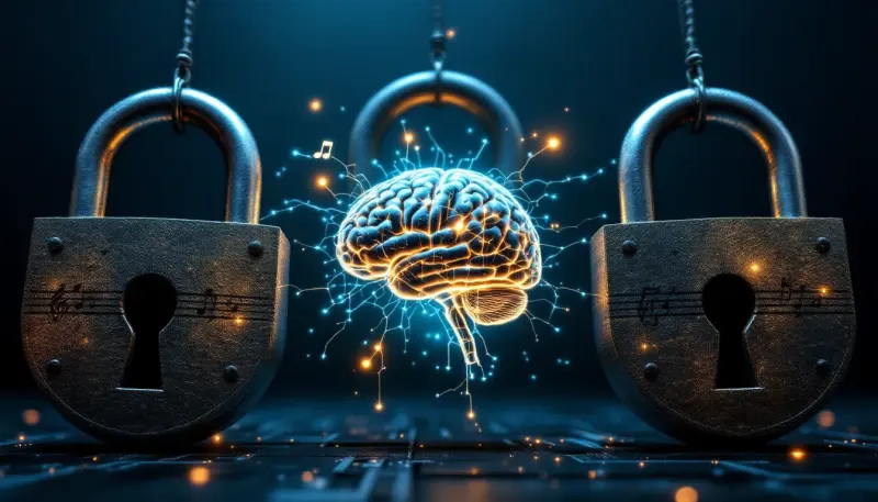 Three heavy musical locks chaining a glowing artificial intelligence brain together in darkness