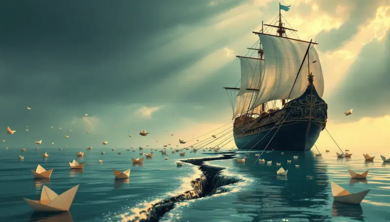 A cracked flagship ship with small paper boats tethered to its hull, strings breaking free