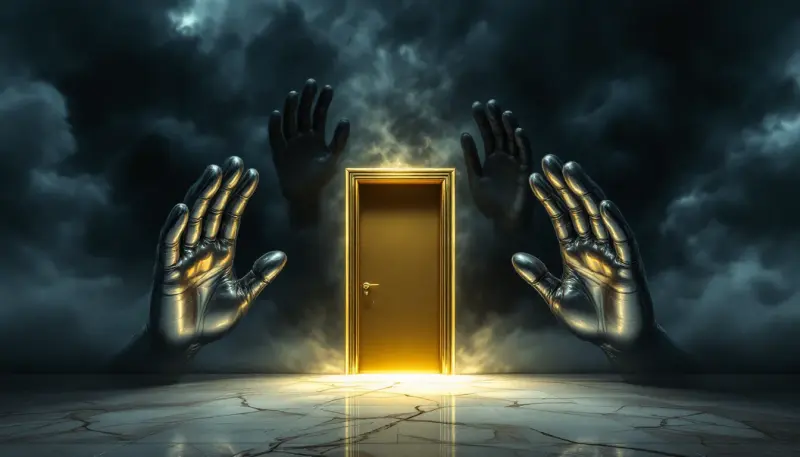 Five massive chrome hands collectively forcing shut a single glowing golden door
