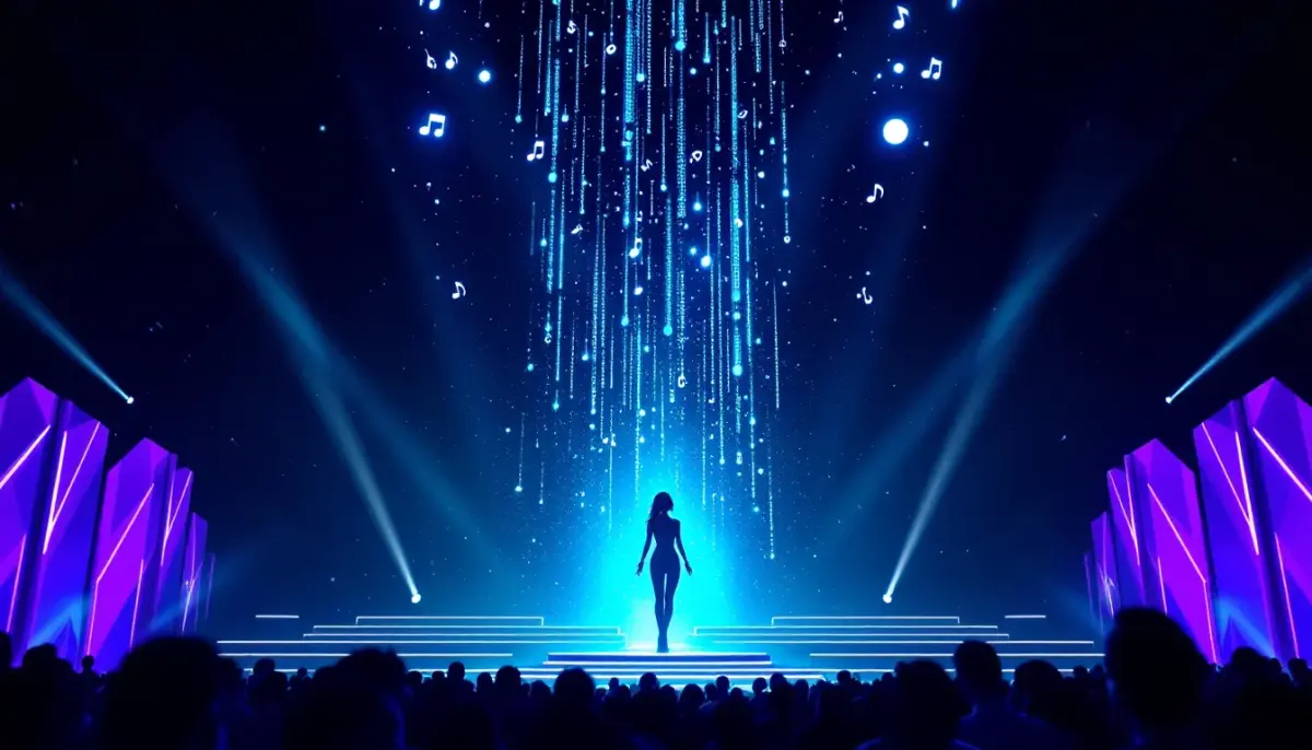 Sia performing on stage wearing her signature oversized bow and blonde wig obscuring her face.