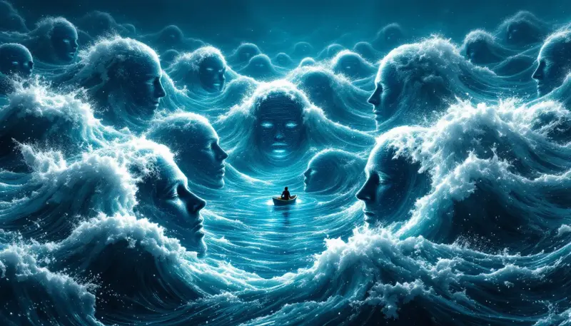 Lone figure in rowboat bailing an endless ocean of dissolving digital human faces