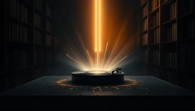 A dormant vinyl record suddenly glowing and levitating in a dark archive room