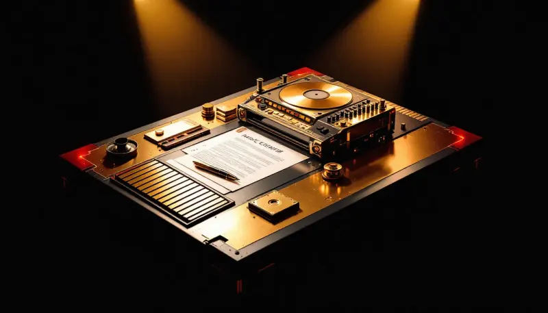 A corporate music desk towering atop a giant retro game cartridge in dramatic light