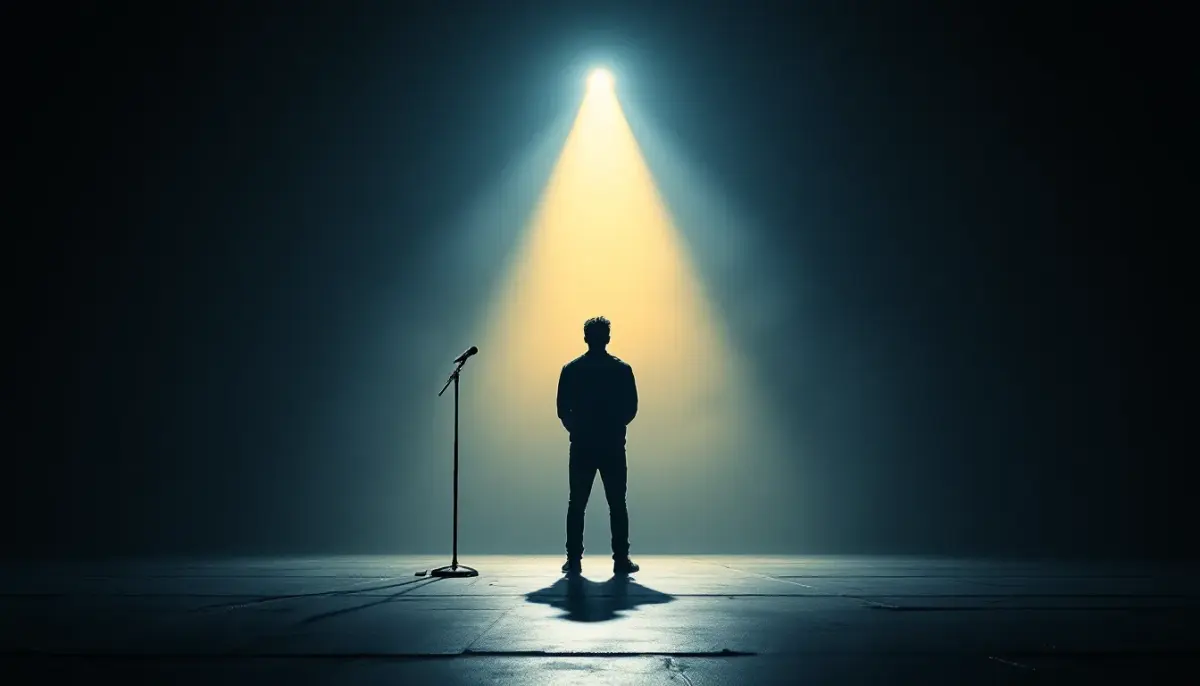 Ed Sheeran performing on a massive stadium stage with bright lights and a large crowd below.
