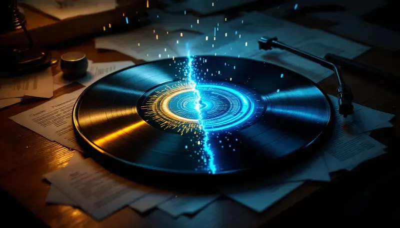 A vinyl record split between glowing analog warmth and cold digital circuitry, symbolizing industry division