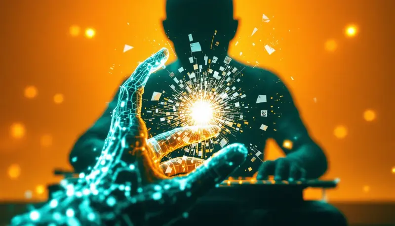 A digital hand shatters against a glowing barrier protecting a traditional musician silhouette.