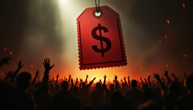 Anonymous merchants push against a government stamp crushing an oversized concert price tag