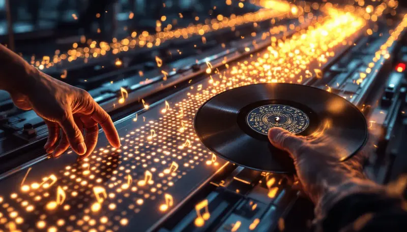 Industrial conveyor belt mass-producing identical music tiles contrasted with one handcrafted vinyl record
