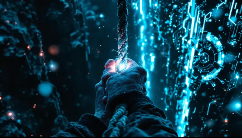 Musician's hands grip a fraying rope bridging organic artistry and algorithmic cold chrome