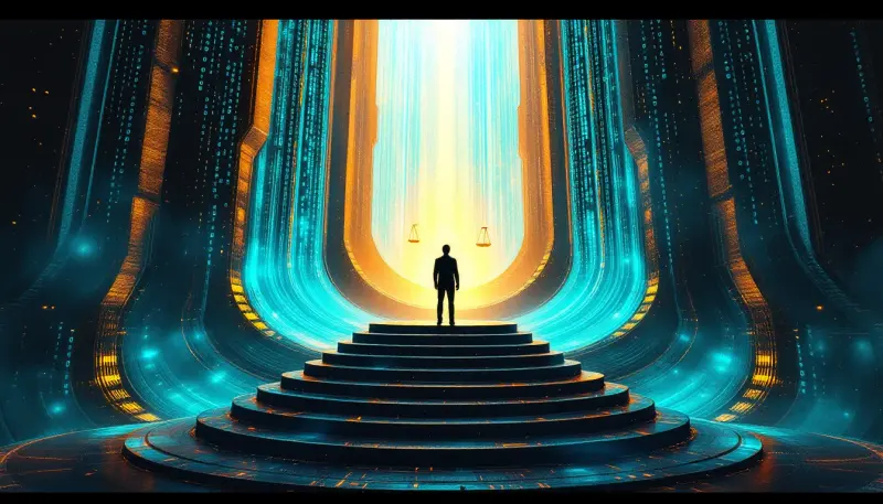 A small musician figure confronts a towering fortress of AI-generated sound and data