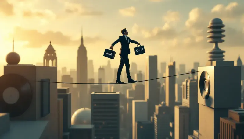 Business figure balancing financial and operational roles above music industry cityscape