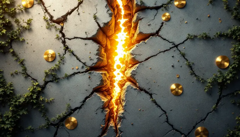 A crumbling wall of award medallions fractures and breaks apart in light