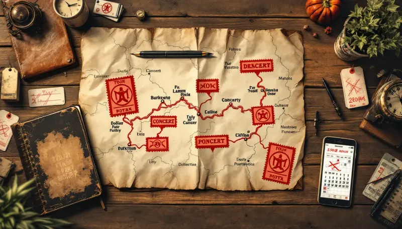 Red stamps blocking a tour route map beside a manager's scattered materials