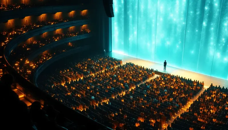 A performer behind frosted glass, sound waves muffled before reaching a vast lit audience