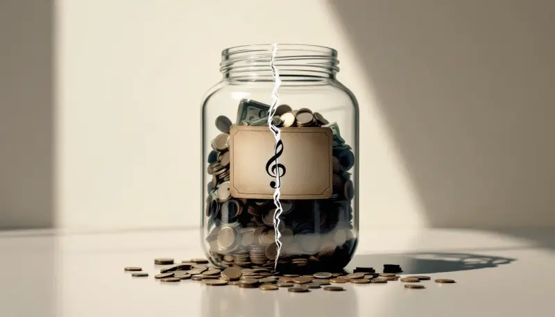 A cracked royalty pool jar leaking coins while smaller empty jars wait behind it