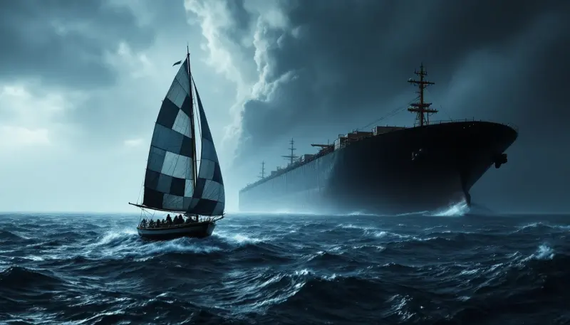 A tiny sailboat struggles in the wake of two massive merging tanker ships at sea
