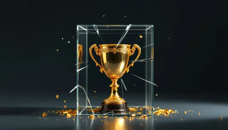 A golden award trophy straining against the walls of a too-small glass container