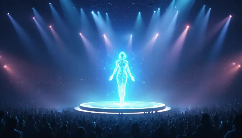 A holographic glowing performer floats above a packed arena crowd of luminous silhouettes