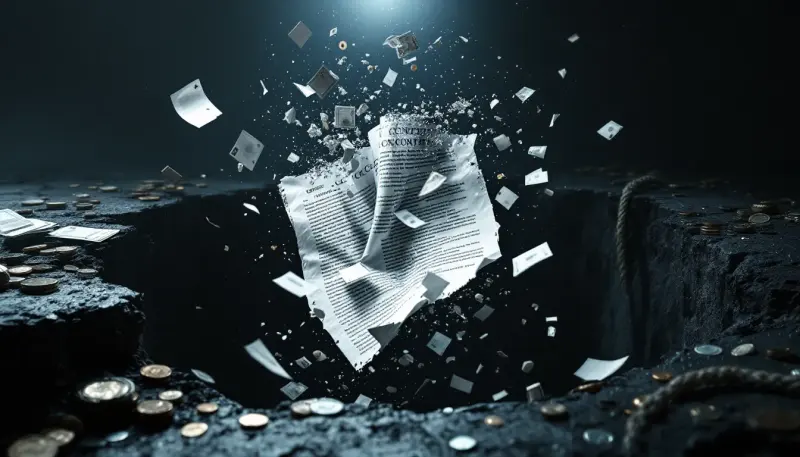 A dissolving contract scatters ticket stubs and coins into a dark void