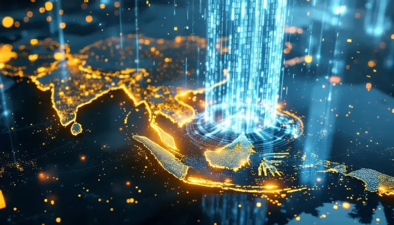A glowing legal scroll redirects cascading data streams flowing over a world map.