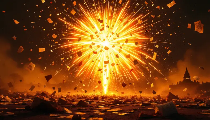 A celebratory firework bursting into musical notes against an ominous government building silhouette