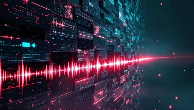 A luminous wall of AI-generated audio tracks being erased by a sweeping red digital blade