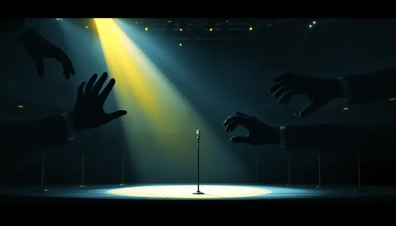 Suited hands pulling velvet ropes to shut down an empty lit stage