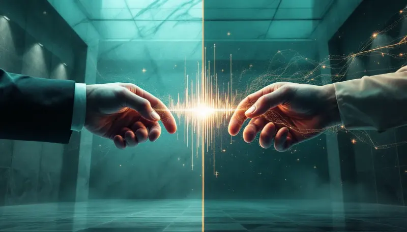 Two hands exchanging a patent scroll and digital sound waves bridging courtroom and boardroom