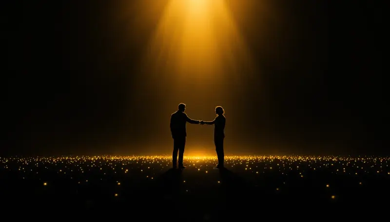 Two silhouetted figures share a handshake moment under a lone concert spotlight